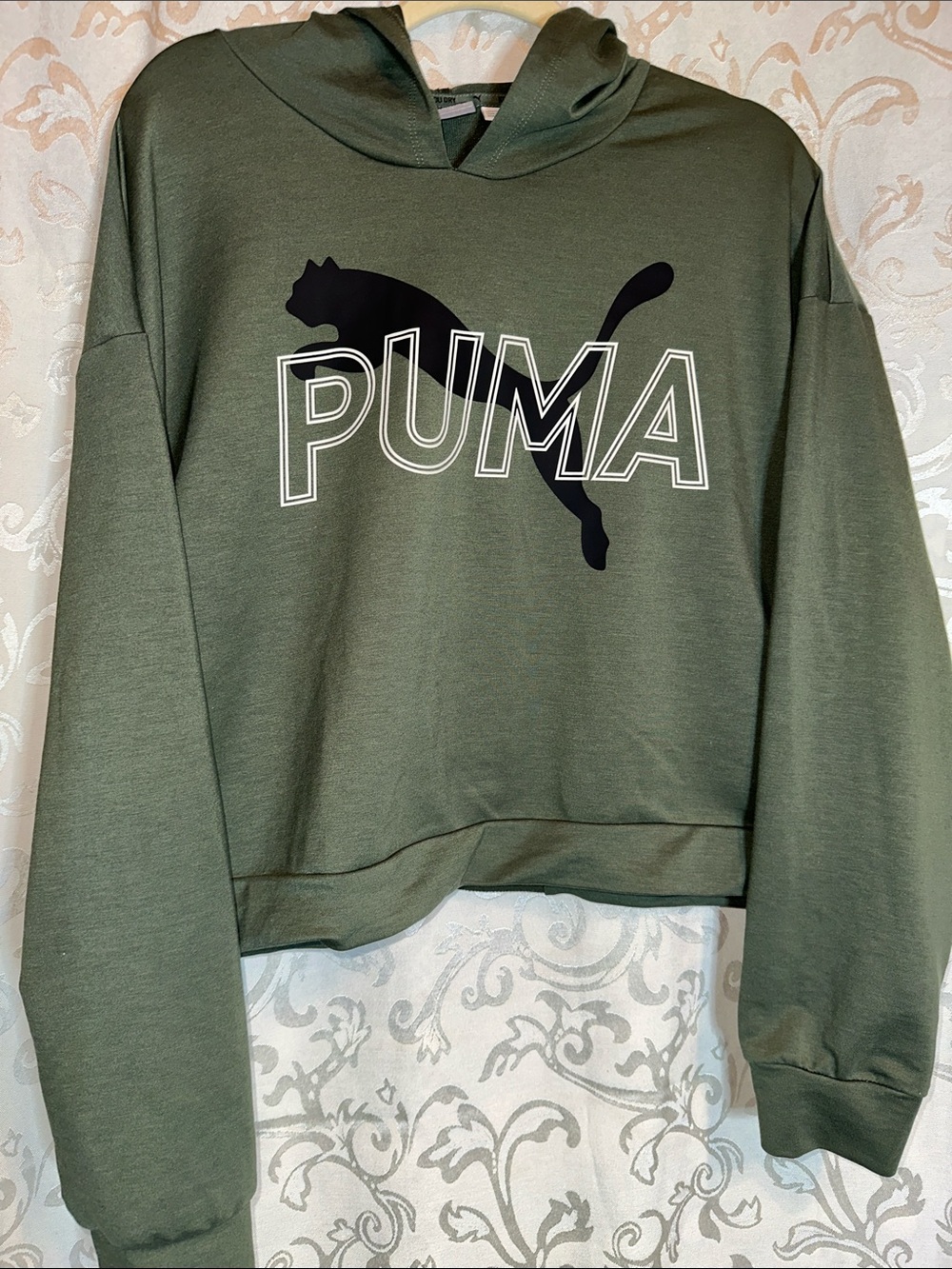Puma Olive Cropped Hoodie with Black Logo